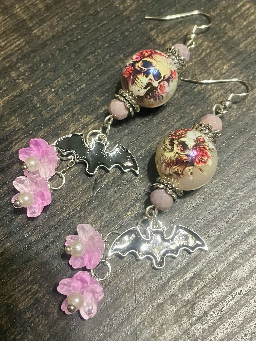 Hand Crafted Pink Floral Skull & Bat Dangle Earrings